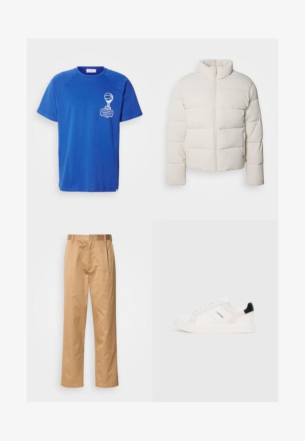 Krémově barevná péřová bunda s vysokým límcem, vodorovným švem, předním zipem a mírně zkrácenými rukávy. Materiál odolný proti vodě.; Modré bavlněné tričko s krátkým rukávem, raglánový design, s bílou grafikou basketbalového trofeje a textem na přední straně. Měkká textura.; Khaki kalhoty, směs bavlny, rovný střih, přední záhyby, poutka na opasek a knoflíkové zapínání. Hladká textura bez vzorů.; Bílé tenisky s jemně růžovými a černými akcenty, s hladkou koženou a semišovou částí, kulatou špičkou a plochou gumovou podrážkou.