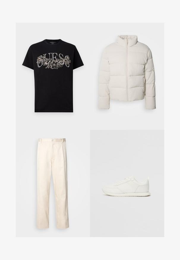 Kremo spalvos pūkinė striukė su aukštu apykakle, horizontaliu siūlių raštu, priekiniu užtrauktuku ir šiek tiek sutrumpintomis rankovėmis. Vandeniui atspari medžiaga.; Juodas medvilninis marškinėliai su baltu gėlių grafiniu dizainu ir "GUESS" tekstu. Trumpomis rankovėmis ir apvaliu kaklu, su įprasta danga.; Bežinės medvilninės kelnės su tiesiu kirpimu, turinčios mygtuko uždarymą ir priekyje raukšles papildomai dekoratyviam akcentui.; Balti sportbačiai su tinkline ir sintetine viršutine dalimi, apvaliu nosiu, plokščiomis raištelėmis ir tekstūruota šonine juosta. Guma, kurios padas su vilkimo kilpute gale.