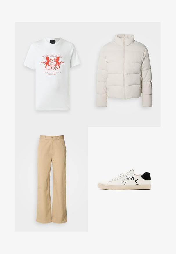 Pufasta jakna kremne barve z visokim ovratnikom, vodoravnim šivom, sprednjim zadrgo in nekoliko skrajnimi rokavi. Vodoodporen material.; Bela bomba majica iz 100 % bombaža z rdečim grafičnim tiskom dveh levov in besedilom "ZLATI LEV PROSTOR" v krožni zasnovi. Kratke rokave.; Béžové široke hlače vyrobené z bavlneného zmesi. Obsahujú zapínanie na gombík a pútka na opasok. Hladká textúra s minimálnymi švovými detailmi.; Bela usnjena športna obutev z črnimi poudarki na peti, ki se ponaša z izrazitim črnim napisom na strani in gumijastim podplatom. Minimalistična zasnova.