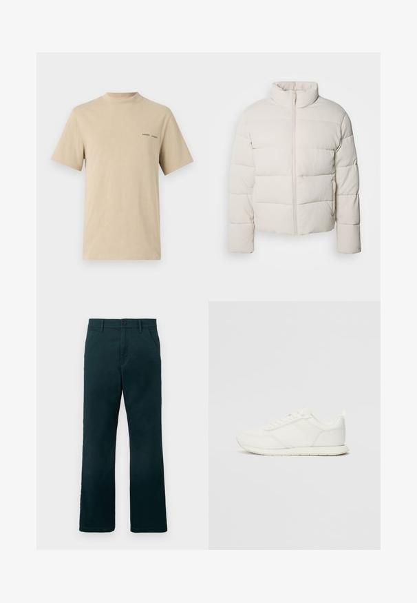 Ecrufarbene Pufferjacke mit hohem Kragen, horizontalem Steppmuster, Frontreißverschluss und leicht kürzeren Ärmeln. Wasserabweisendes Material.; Beige Baumwoll-T-Shirt mit rundem Ausschnitt und kurzen Ärmeln. Mit dezentem schwarzen "SAMSOE"-Textlogo auf der Brust.; Dunkelgrüne gerade geschnittene Hosen mit Gürtelschlaufen, Seitentaschen und einem Knopfverschluss auf einem schlichten weißen Hintergrund.; Weißer Sneaker mit einem Obermaterial aus Mesh und Synthetik, runder Zehenform, flachen Schnürsenkeln und einem strukturierten Seitenstreifen. Gummisohle mit einer Lasche hinten.