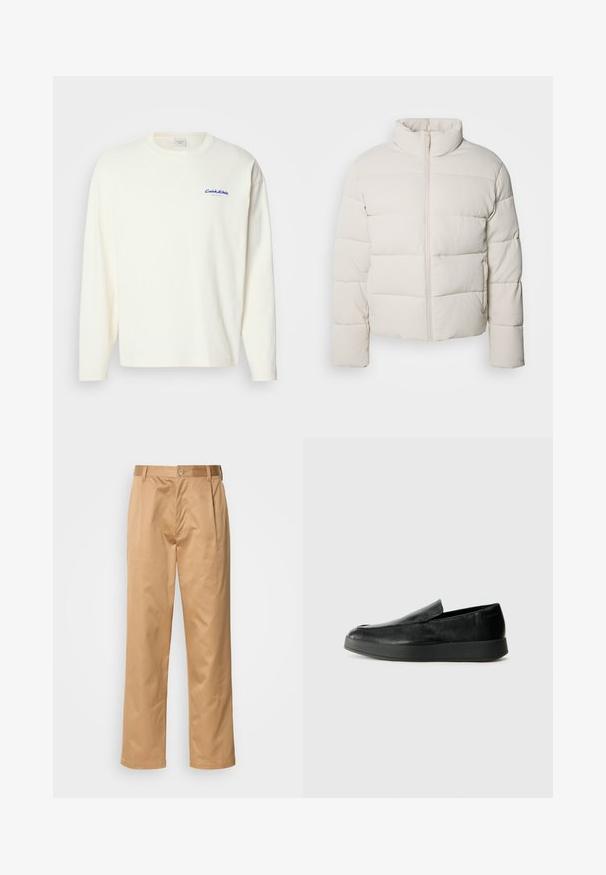 Ecrufarbene Pufferjacke mit hohem Kragen, horizontalem Steppmuster, Frontreißverschluss und leicht kürzeren Ärmeln. Wasserabweisendes Material.; Langärmliges, cremefarbenes T-Shirt aus Baumwolle mit rundem Halsausschnitt und kleinem blauen Calvin Klein-Logo auf der linken Brust. Weiche Textur.; Khaki-Hosen aus Baumwollmischung, im geraden Schnitt, mit Vorderfalten, Gürtelschlaufen und Knopfverschluss. Glatte Textur ohne Muster.; Calvin Klein HYBRID CUP - Slipper - triple black