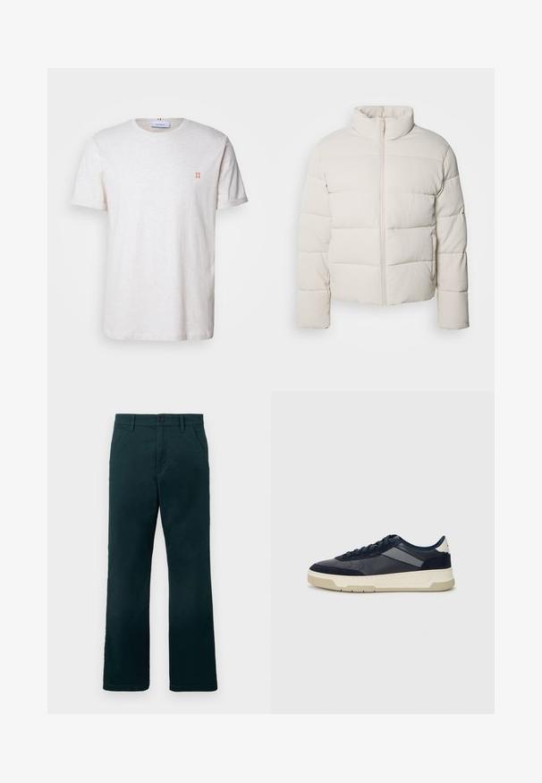 Kremkrāsas pūkains mētelis ar augstu apkakli, horizontālu šuvju rakstu, priekšējo rāvējslēdzēju un nedaudz saīsinātām piedurknēm. Ūdensizturīgs materiāls.; Les Deux NØRREGAARD SEASONAL - Pamata T-krekls - ivory/orange; Tumši zaļi taisni bikses ar jostu cilpiņām, sānu kabatām un pogu aizdari uz vienkārša balta fona.; BOSS BALTIMORE - Sporta apavi - open blue