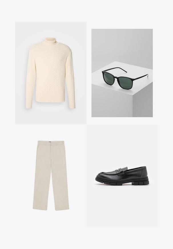 Lindbergh JACKET - Kurtka ze skóry ekologicznej; Lindbergh - Sweter; Beżowe spodnie o szerokich nogawkach z gładką teksturą, z paskami do pasa, dwiema przednimi kieszeniami i zapięciem na zamek błyskawiczny. Minimalistyczny design.; Czarne skórzane mokasyny o gładkim wykończeniu, z paskiem na przodzie i masywną gumową podeszwą z rowkowaniem.; Czarne prostokątne okulary przeciwsłoneczne z ciemnozielonymi soczewkami, wyposażone w lekką plastikową oprawę i srebrne akcenty na zausznikach.; Metalowy zegarek kwarcowy z czarną tarczą, białymi cyframi i wyświetlaczem daty. Posiada stalową bransoletę i odporność na wodę do 100m.