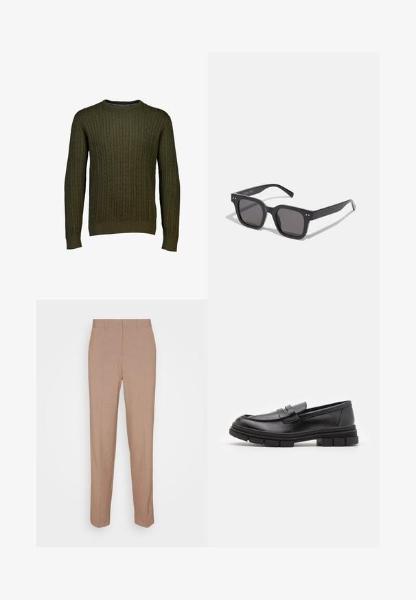 Lindbergh JACKET - Keinonahkatakki - black; Oliivivihreä vyyhdetty villapaita, jossa on pyöreä pääntie ja pitkät hihat, varustettuna ribbireunuksilla hihoissa ja helmassa lisätekstuurin aikaansaamiseksi.; Beiget, räätälöidyt housut sileästä, tekstuurisesta kankaasta. Suora malli vyötärönauhalla, ilman näkyviä koristeita tai taskuja.; Mustat nahkaa olevat loaferit, joissa on sileä pinta, varustettuna edessä olevalla hihnalla ja paksulla kumipohjalla, jossa on uritettua muotoilua.; Mustat suorakulmaiset aurinkolasit tummilla linsseillä, joissa on paksu kehys, hienovaraiset yksityiskohdat sivuilla, eikä näkyviä logoja brändin nimen lisäksi.; Metallinen kvartsikello mustalla kellotaululla, valkoisilla numeroilla ja päivämääränäytöllä. Varustettu ruostumattomasta teräksestä valmistetulla rannekkeella ja vedenkestävyydellä 100 metriin.