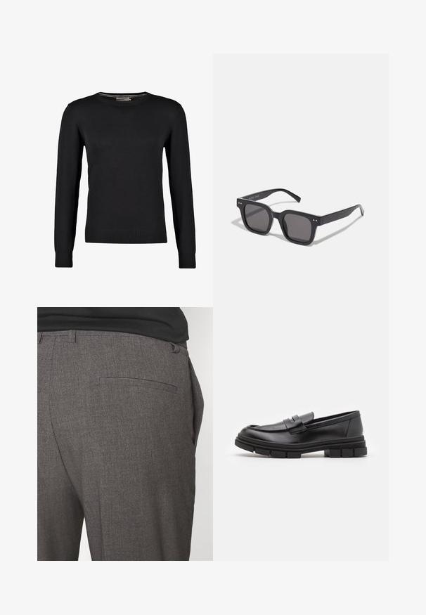 Lindbergh JACKET - Faux leather jacket - black; Black knitted sweater with long sleeves, round neckline, and ribbed cuffs and hem. Smooth texture and fitted design.; Gray tailored trousers with a smooth texture, featuring a single back pocket and a slim fit design. Fabric has a subtle pattern.; Black leather loafers with a smooth finish, featuring a front strap detail and a chunky rubber sole with grooved accents.; Black rectangular sunglasses with dark lenses, featuring a thick frame, subtle accents on the sides, and no visible logos beyond the brand name.