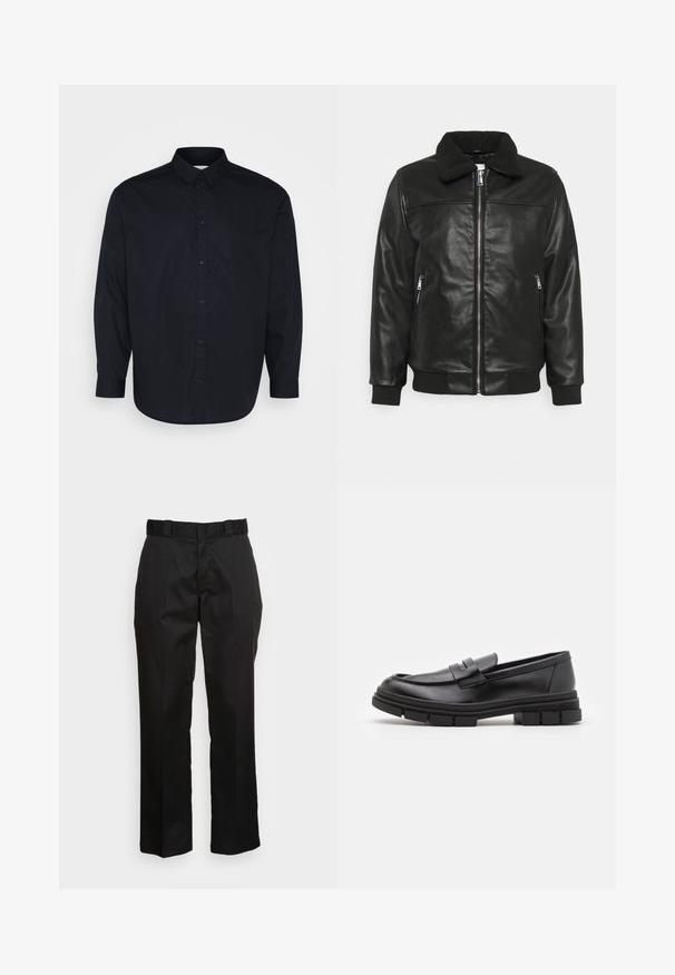 Lindbergh JACKET - Jakna iz umetnega usnja - black; Pier One Srajca - black; Črne hlače iz gladkega materiala, s straight leg dizajnom, pasom za pas in dvema stranskima žepoma. Klasičen videz brez okrasnih elementov.; Črne usnjene loafersice z gladkim zaključkom, ki imajo sprednji trak in debel gumijast podplat z utori.