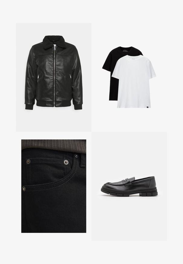 Lindbergh JACKET - Jakna iz umetnega usnja - black; Dve redne majice, ena črna in ena bela, iz bombaža. Obe imata okroglo izrezano ovratnik in kratke rokave. Enostavna zasnova, brez vzorcev.; Črne denim hlače s ozkim krojem in gladko teksturo. Imajo srebrno kovinsko opremo, zakovice in kontrastne šive blizu žepov.; Črne usnjene loafersice z gladkim zaključkom, ki imajo sprednji trak in debel gumijast podplat z utori.