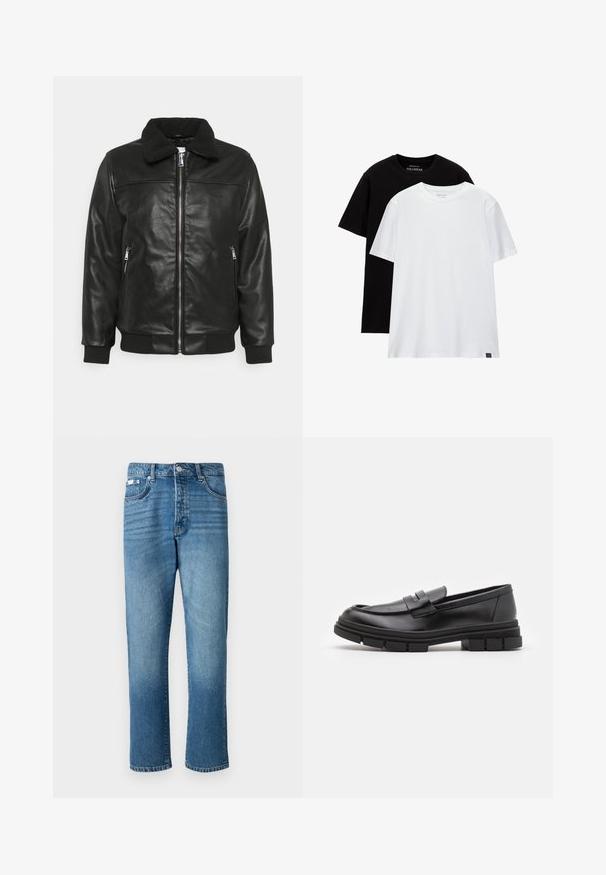 Lindbergh JACKET - Bunda z nepravej kože - black; Dve tričká so štandardným strihom, jedno čierne a jedno biele, vyrobené z bavlny. Každé má okrúhly výstrih a krátke rukávy. Jednoduchý dizajn, bez vzorov.; Svetlo modré džínsy so strihom rovného nohu, vybavené zapínaním na gombík, piatimi vreckami a jemným vyblednutím na stehnách a leme.; Čierne kožené poltopánky s hladkým povrchom, s predným remienkom a robustnou gumovou podrážkou s drážkovanými akcentmi.