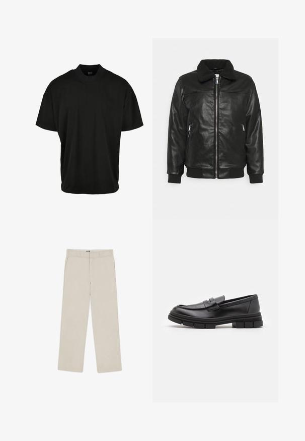 Lindbergh JACKET - Mākslīgās ādas jaka - black; Melnas īsām piedurknēm T-krekls ar apaļu kakla dizainu, izgatavots no mīkstas auduma, ar brīvu piegriezumu un bez redzamām rakstām vai akcentiem.; Beige plati bikses ar gludu tekstūru, ar jostu cilpiņām, divām priekšējām kabatām un ar rāvējslēdzēja aizdari. Minimālisma dizains.; Melni ādas loafers ar gludu apdari, ar priekšējo siksniņu un masīvu gumijas zoli ar izgriezumiem.