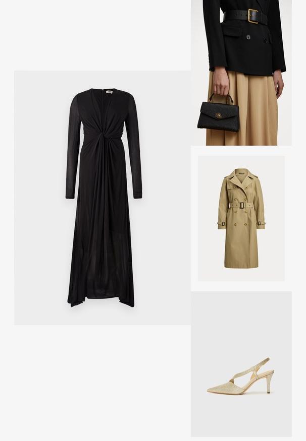 Klasyczny beżowy trencz wykonany z mieszanki bawełny, z podwójnymi guzikami, paskiem w talii i pagonami na ramionach.; Czarna sukienka z długim rękawem, z węzłem z przodu i płynącym materiałem. Posiada głęboki dekolt w serek oraz stopniowany dół, co zapewnia eleganckie układanie się.; Lśniące złote czółenka na pasku z wąskim czubkiem, cienkim paskiem w kostce oraz smukłym obcasem. Powierzchnia ma teksturowane metaliczne wykończenie.; Czarna, strukturalna torebka z fakturowanym wykończeniem, złotymi akcentami i górnym uchwytem. Nosi ją z czarną marynarką i beżową spódnicą.