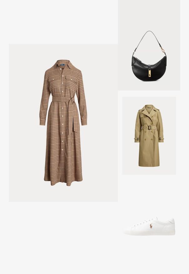 Κλασικό μπεζ παλτό τύπου trench από μείγμα βαμβακιού, με διπλό κούμπωμα, ζώνη στη μέση και επωμίδες στους ώμους.; Καφέ και μαύρο καρό φόρεμα από βαμβάκι με μακριά μανίκια, κουμπιά μπροστά, τσέπες στη στήθη και ζώνη που δένει στη μέση.; Λευκά δερμάτινα sneakers, χαμηλού σχεδιασμού, με απαλή υφή, στρογγυλή μύτη, δέσιμο μπροστά και μικρό κεντημένο λογότυπο στο πλάι.; Μαύρη δερμάτινη τσάντα χειρός σε σχήμα μισού φεγγαριού. Διαθέτει χρυσή μεταλλική λεπτομέρεια και στενό λουρί. Απαλή υφή, κλείσιμο με φερμουάρ στην κορυφή.