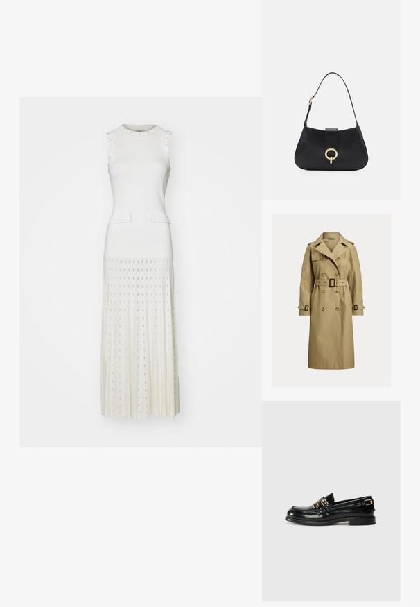 Klasičen bež plašč iz mešanice bombaža, z dvojnimi gumbi, pasom s pasom in naramnicami na ramenih.; sandro ROBE MIDI DETAILS - Obleka/pulover - ecru; Črne usnjene loferice z debelim sijajem, opremljene z dvema zlatima zaponkama in nizko peto. Gladka tekstura z zaobljeno obliko prstov.; Črna usnjena torbica s ukrivljeno silhueto, kratkim ročajem, centralno zlatim okrasom in gladko teksturo. Brez vidnih vzorcev ali dodatkov.