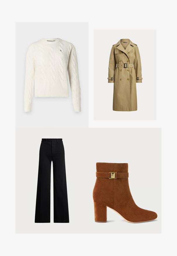 Klasszikus bézs ballonkabát pamut keverékből, dupla gombolással, övvel a deréknál és vállapokkal.; Krém színű, kábelmintás pulóver hosszú ujjakkal és kerek nyakkal, bal mellen kis hímzett logóval.; Fekete, bő szárú nadrág szőtt anyagból, magas derékkal, elől gombos záródással és oldalzsebekkel. Simává textúrával és letisztult vonalakkal.; Barna velúr bokacipő, széles sarokkal. Arany színű csattal ellátott pánt a bokánál és sima, keskeny orral rendelkezik.