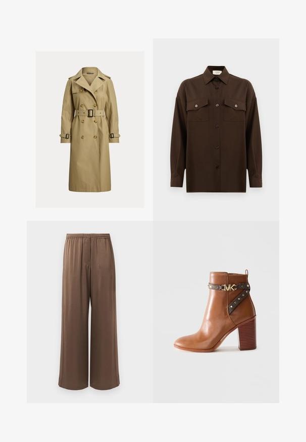 Klasszikus bézs ballonkabát pamut keverékből, dupla gombolással, övvel a deréknál és vállapokkal.; Sötétbarna, hosszú ujjú, gombos ing, két zsebével a mellén és klasszikus gallérral, egyszerű fehér háttér előtt bemutatva.; Barna, széles lábú nadrág, elasztikus derékbőséggel és sima anyaggal, egy egyszerű fehér háttér előtt bemutatva.; barna bőr boka csizma, stílusos tömbsarkal, oldalszíj arany szegecsekkel és arany "MK" logós csattal.