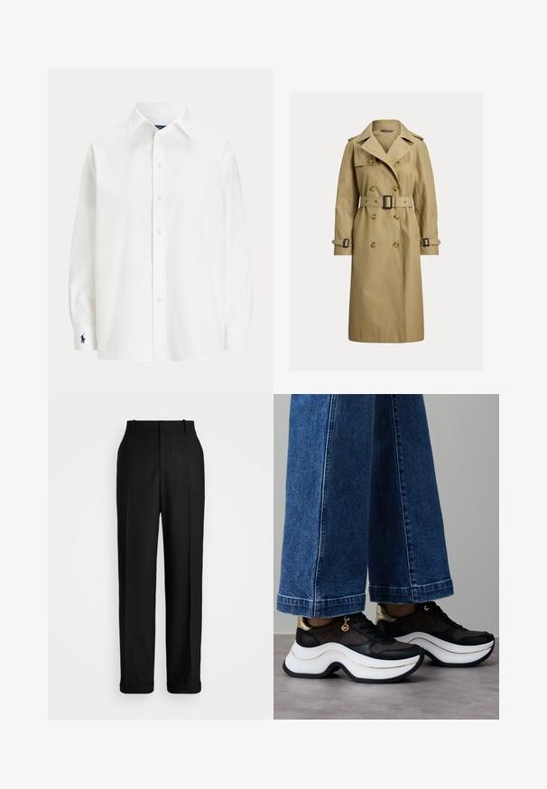 Klassisk beige trenchcoat lavet af bomuldsblandingsmateriale, med dobbeltbrystede knapper, en bælte-taille og skulderepauleter.; Hvid skjorte med langeærmer, klassisk krave og et lille blåt logo på manchetten. Glat bomuldsstof, struktureret pasform.; Polo Ralph Lauren HIGH RISE RELAXED STRAIGHT TROUSER - Bukser - black; Sorte og guld sneakers med en buet hvid sål. Tekstureret stof med logo-detaljer. Kombineret med brede blå denimbukser.