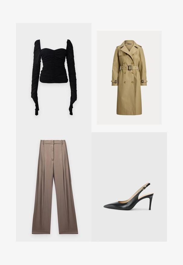 Klasični bež trench kaput napravljen od mješavine pamuka, s dvostrukim kopčanjem, remenom u struku i ramenim epauletima.; Crna majica dugih rukava s naboranim teksturama, dizajnom bez ramena i oblikovanim siluetom. Materijal djeluje rastezljivo i glatko.; Hlače širokog kroja u prigušenoj taupe boji, izrađene od glatkog materijala s satenskim završetkom. Imaju krojeni pojas i suptilne nabore.; Crne kožne slingback visoke potpetice s šiljastim nosom, podesivim trakama i elegantnim stiletto potpeticama, s glatkom završnom obradom.