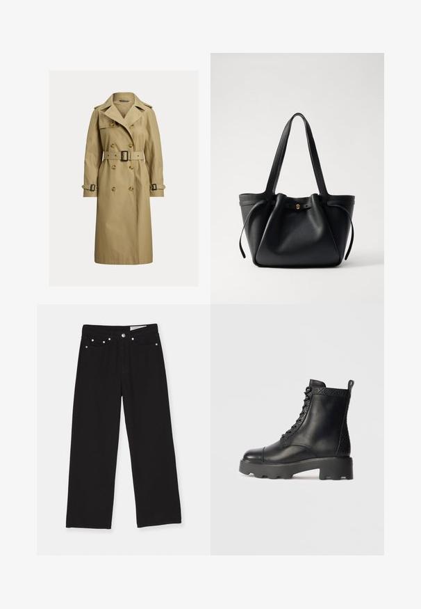 Klasikinis smėlio spalvos trenčkotis, pagamintas iš medvilnės ir elastano mišinio, su dvigubos sagtys, dirželiu talijoje ir pečių epauletėmis.; Juodas trumpas medvilninis marškinėliai su apvaliu iškirpimu, trumpomis rankovėmis ir paprastu dizainu be raštų ar puošmenų.; Juodi plataus šlaunų džinsai, pagaminti iš denimo, su penkių kišenių dizainu, mygtukiniu uždarymu ir metaliniais akcentais. Tekstūruota medžiaga su lygiu paviršiumi.; Juodos odinės kulkšnies botai su tekstūruotais akcentais, apvalia nosimi ir storu guminis padu. Yra priekiniai raišteliai ir užpakalinis kilpos užtrauktukas.; Juodas odinis rankinis krepšys su dviem ilgom diržais, surišamu viršumi ir auksiniu apvaliu akcentu. Lygus paviršius su minimalistiniu dizainu.