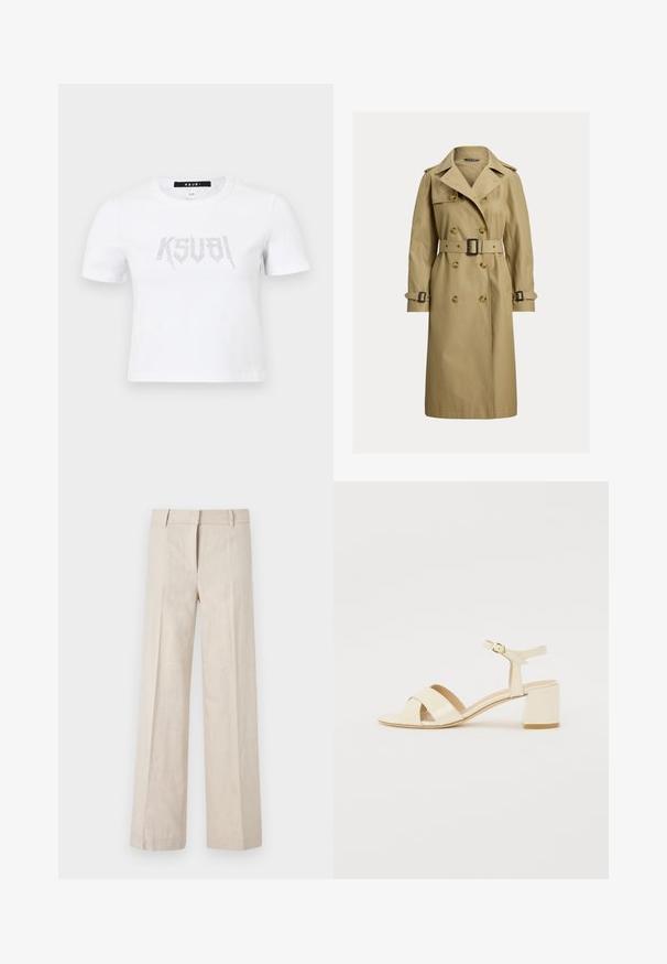 Klasický béžový trenčkot vyrobený z bavlneného zmesi, s dvojradovým zapínaním, opaskom v páse a ramennými vycpávkami.; Biely tričko s krátkymi rukávmi vyrobené z bavlny, na prednej strane s ozdobným logom v striebornej farbe. Jednoduchý okrúhly výstrih a voľný strih.; Bežové široké nohavice z ľahkej tkaniny, s hladkým povrchom a čistými prednými skladmi. Pás je upravený s pútkami na opasok.; Bežové lakované sandále na podpätku s križovým popruhom, otvorenou špičkou, nastaviteľným členkovým popruhom a blokovým podpätkom. Hladká textura.