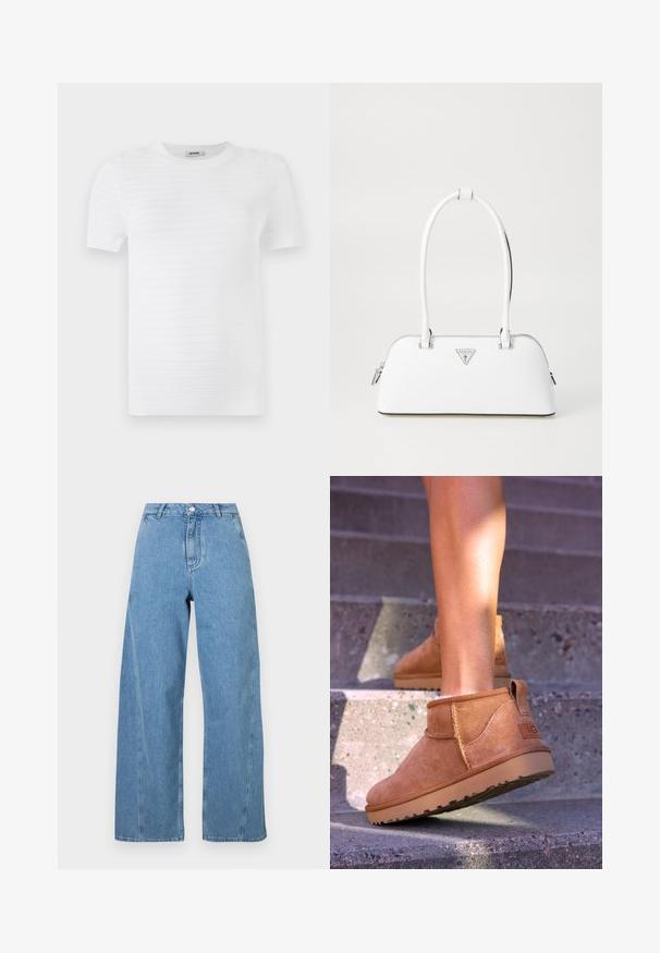 Navy double-breasted coat made of wool, featuring a wide collar, side pockets, and gold "Fideli" embroidery on the lapel.; Gray knitted sweater featuring a cat graphic in black and beige, with the word "Future" in pink across the front.; White short-sleeve t-shirt made of textured fabric featuring a ribbed pattern. The design includes a round neckline and a straight fit.; Light blue wide-leg jeans made of denim, featuring a high waist, straight cut, and contrasting stitching along the seams.; Tan suede ankle boots with a soft texture, stitched detailing, and a rubber sole, featuring a looped heel for easy wear.; White leather handbag with a curved shape, featuring a silver triangular logo and zipper closure. Smooth texture and dual handles.