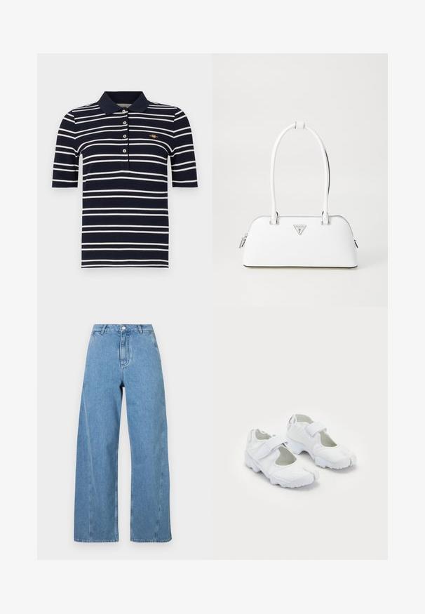 Marinblå dubbelknäppt kappa i ull, med en bred krage, sidofickor och gyllene "Fideli" broderi på lappen.; Grå stickad tröja med en kattgrafik i svart och beige, med ordet "Framtid" i rosa över framsidan.; Marinblå och vit randig polo med korta ärmar, tre knappar och en liten guldig logotyp på bröstet; bomullsstoff med en texturerad yta.; Ljusblå vida jeans i denim, med hög midja, rak skärning och kontrasterande sömmar längs sömmarna.; Vitaididra skor med texturerad ovandel, justerbart kardborreband, rund tå och en kraftig sula med distinkt mönster.; Vit läderhandväska med en kurvig form, som har en silvertriangulär logotyp och dragkedjestängning. Slät textur och dubbla handtag.
