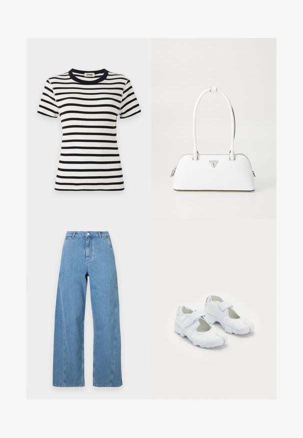 Marineblauwe double-breasted jas van wol, met een brede kraag, zijzakken en gouden "Fideli" borduursel op de revers.; Grijs gebreid sweater met een kattenafbeelding in zwart en beige, met het woord "Toekomst" in het roze over de voorkant.; Zwart-witte gestreepte kortemouwen t-shirt met een ronde ribgebreide halslijn en een strakke pasvorm. De stof lijkt gestructureerd en rekbaar.; Lichtblauwe wijde jeans gemaakt van denim, met een hoge taille, rechte snit en contrasterende stiksels langs de naden.; Witte sportieve schoenen met een gestructureerde bovenkant, verstelbare klittenbandsluiting, ronde neus en een stevige zool met een opvallend profiel.; Witte leren handtas met een gebogen vorm, voorzien van een zilveren driehoekig logo en ritssluiting. Gladde textuur en dubbele handvaten.