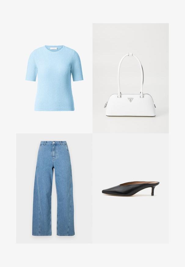Marineblauwe double-breasted jas van wol, met een brede kraag, zijzakken en gouden "Fideli" borduursel op de revers.; Grijs gebreid sweater met een kattenafbeelding in zwart en beige, met het woord "Toekomst" in het roze over de voorkant.; Lichtblauwe trui met korte mouwen en een gemêleerd rib ontwerp. Ronde halslijn en zachte brei-stof, geschikt voor casual gebruik.; Lichtblauwe wijde jeans gemaakt van denim, met een hoge taille, rechte snit en contrasterende stiksels langs de naden.; Zwarte leren muiltjes met een puntige neus en een lage, blokhak. Glad oppervlak met een gestroomlijnd ontwerp. Open achterkant met minimale details.; Witte leren handtas met een gebogen vorm, voorzien van een zilveren driehoekig logo en ritssluiting. Gladde textuur en dubbele handvaten.