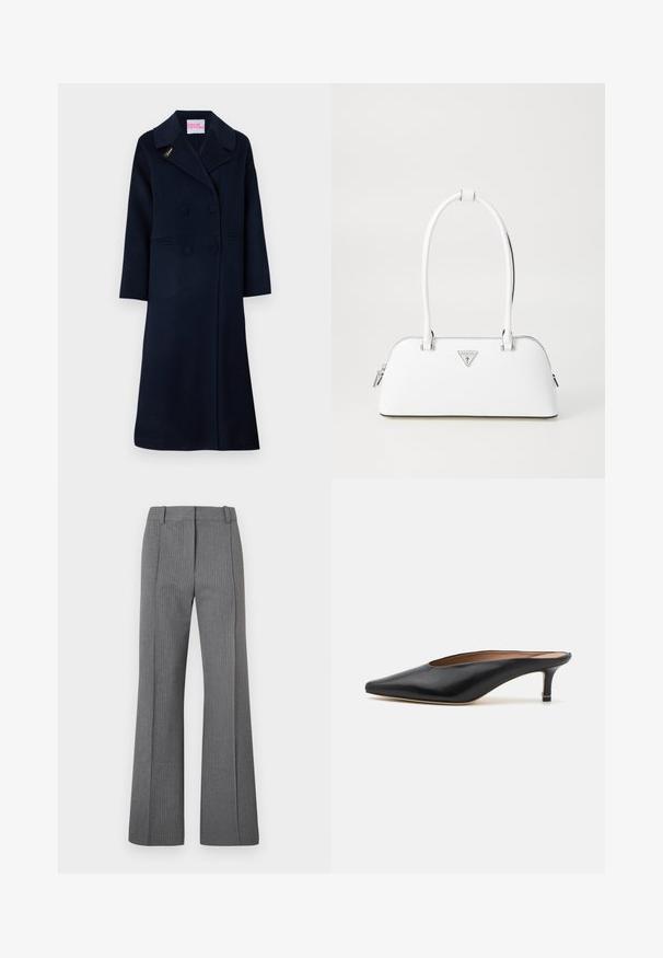 Marineblauwe double-breasted jas van wol, met een brede kraag, zijzakken en gouden "Fideli" borduursel op de revers.; Grijs gebreid sweater met een kattenafbeelding in zwart en beige, met het woord "Toekomst" in het roze over de voorkant.; Grijze pantalon met krijtstreep, met een platte voorkant, riemlussen en een soepele textuur. Volledige lengte met subtiele patroondetails.; Zwarte leren muiltjes met een puntige neus en een lage, blokhak. Glad oppervlak met een gestroomlijnd ontwerp. Open achterkant met minimale details.; Witte leren handtas met een gebogen vorm, voorzien van een zilveren driehoekig logo en ritssluiting. Gladde textuur en dubbele handvaten.