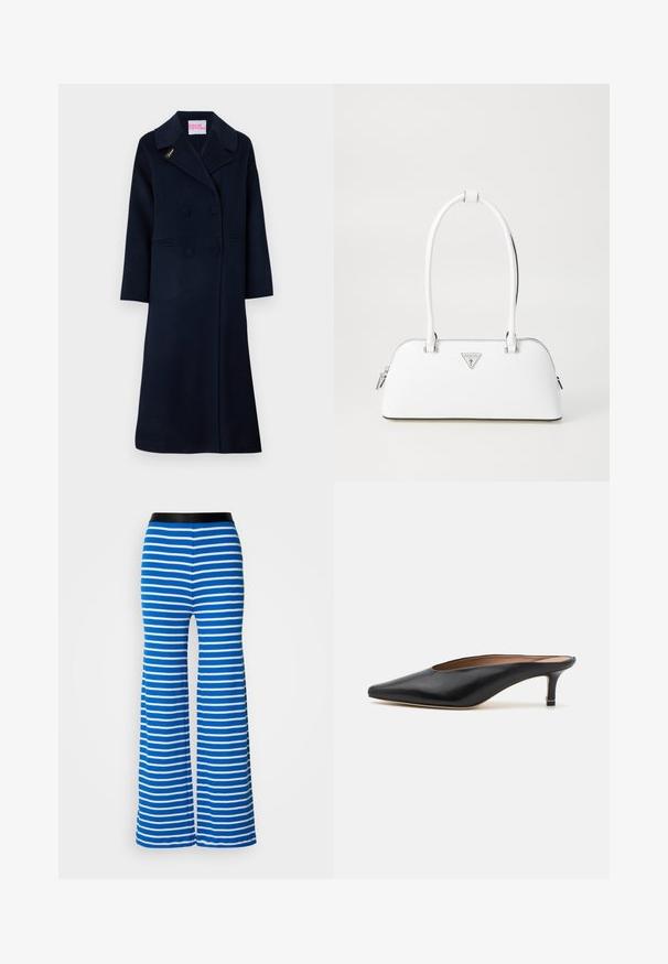 Manteau croisé bleu marine en laine, avec un large col, des poches latérales et une broderie dorée "Fideli" sur le revers.; Pull en tricot gris avec un motif de chat en noir et beige, portant le mot "Future" en rose sur le devant.; Pantalons évasés rayés bleu et blanc avec une ceinture élastique noire. Présente une texture lisse et des rayures horizontales régulières.; Mules en cuir noir avec un bout pointu et un petit talon carré. Texture lisse avec un design épuré. Dos ouvert avec un minimum de détails.; Sac à main en cuir blanc avec une forme courbée, présentant un logo triangulaire argenté et une fermeture à glissière. Texture lisse et doubles poignées.