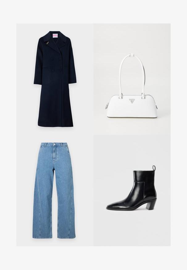 Jūras spēku divrindas mētelis, izgatavots no vilnas, ar plašu apkakli, sānu kabatām un zeltītu "Fideli" izšuvumu uz uzlēkuma.; Pelēkā adīta džemperis ar kaķa grafiku melnā un bēšā krāsā, ar vārdu "Nākotne" rozā krāsā priekšpusē.; Gai zili džinsi ar platajām kājām, izgatavoti no denima, ar augsto vidukli, taisnu griezumu un kontrastējošiem šuvēm.; Melnas ādas potītes zābaki ar norādītu purngalu, ģeometrisku stieptu papēdi un cilpu aizmugurē. Gluda tekstūra un elegants dizains.; Baltā ādas rokassoma ar izliekta formu, kas aprīkota ar sudraba trīsstūrveida logotipu un rāvējslēdzēju. Gluda tekstūra un divi rokturi.