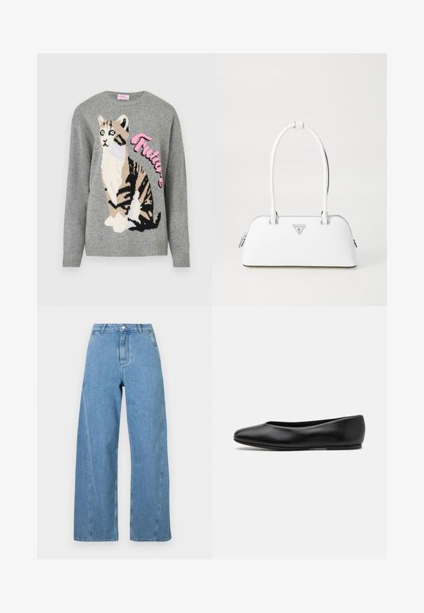 Manteau croisé bleu marine en laine, avec un large col, des poches latérales et une broderie dorée "Fideli" sur le revers.; Pull en tricot gris avec un motif de chat en noir et beige, portant le mot "Future" en rose sur le devant.; Jean large bleu clair en denim, avec une taille haute, une coupe droite et des surpiqûres contrastées le long des coutures.; Paul Smith TOPANGA - Ballerines - black; Sac à main en cuir blanc avec une forme courbée, présentant un logo triangulaire argenté et une fermeture à glissière. Texture lisse et doubles poignées.