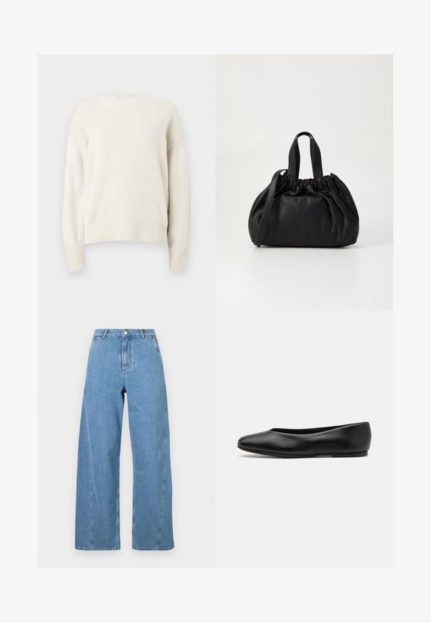 Granatowy płaszcz dwurzędowy wykonany z wełny, z szerokim kołnierzem, bocznymi kieszeniami oraz złotą haftem "Fideli" na klapie.; Sukienka kremowa o fakturowanej strukturze, z prążkowanym okrągłym dekoltem i mankietami. Charakteryzuje się luźnym krojem i lekko opadającymi ramionami. Bez widocznych wzorów.; Jasnoniebieskie szerokie dżinsy z denimu, z wysokim stanem, prostym krojem i kontrastowym przeszyciem wzdłuż szwów.; Paul Smith TOPANGA czarny; Czarna skórzana torebka z zebranym wykończeniem, z dwoma krótkimi uchwytami i długim regulowanym paskiem. Gładka tekstura, zaokrąglony kształt.