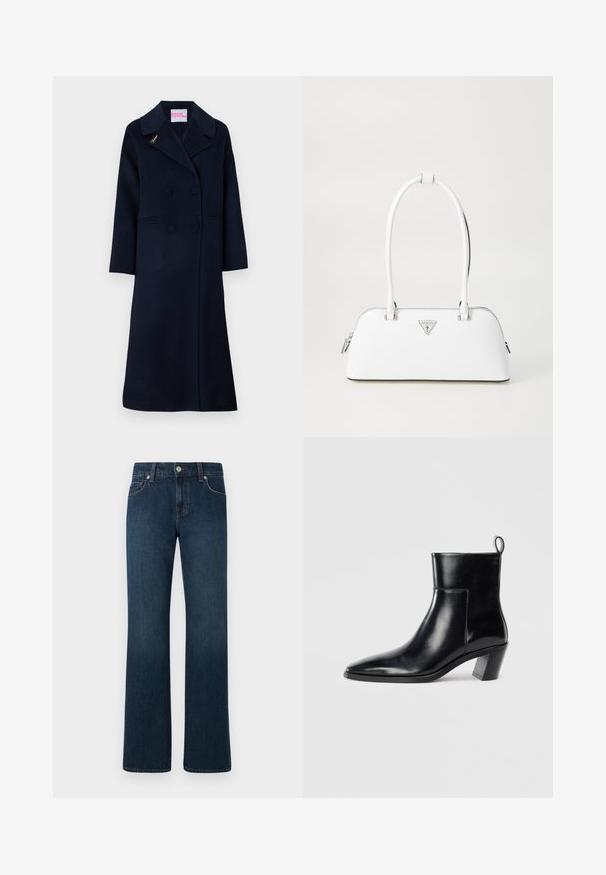 Námornický dvouřadý kabát vyrobený z vlny, s širokým límcem, bočními kapsami a zlatým vyšitým logem "Fideli" na klopě.; Bílá košile s dlouhým rukávem z hladké bavlněné směsi. Obsahuje klasický límec, přední zapínání na knoflíky a zaoblené manžety.; Tmavě modré džíny z denimu se střihovým designem rovného nohavice, představující klasický pětikapsový styl a zapínání na knoflík v pase.; Černá kožená kotníková bota s špičatou špičkou, geometrickou tvarovanou podpatkem a poutkem na zadní straně. Hladká textura a elegantní design.; Bílá kožená kabelka s zakřiveným tvarem, na které se nachází stříbrné trojúhelníkové logo a zipové uzavření. Hladký povrch a dvojité uši.
