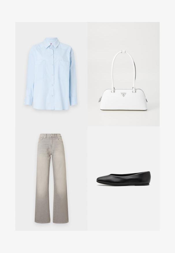 Cappotto doppiopetto navy in lana, con ampio colletto, tasche laterali e ricamo dorato "Fideli" sulla bavero.; Camicia button-up azzurra con maniche lunghe, due tasche anteriori e colletto. Presenta una texture uniforme e dettagli con polsini abbottonati.; Jeans grigi larghi con finitura sbiadita, chiusura con bottone, design a cinque tasche e cuciture decorative lungo le cuciture.; Paul Smith TOPANGA - Ballerine - black; Borsa a mano bianca in pelle con forma curvola, dotata di un logo triangolare argentato e chiusura con zip. Texture liscia e manici doppi.