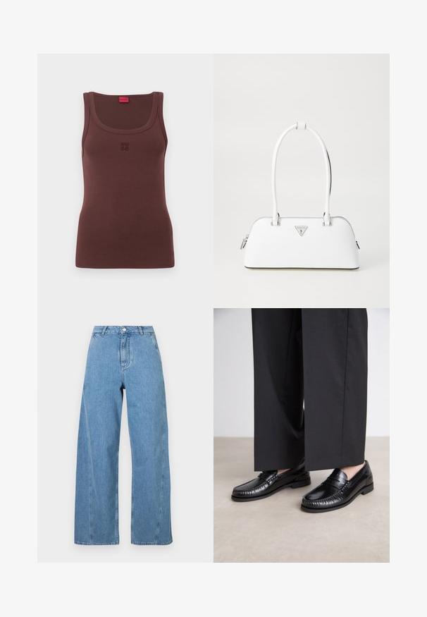 Merenkulkijan kaksirivinen villakangastakki, jossa on leveä kaulus, sivutaskut ja kullanvärinen "Fideli" kirjonta kauluksessa.; Ruskea olkalinjaton toppi pehmeästä kankaasta, jossa on pyöreä pääntie ja huomaamaton brodeerattu "HUGO" -logo edessä.; Vaaleansiniset leveät farkut, joissa on denimkangasta, korkea vyötärö, suora leikkaus ja kontrastiväriset tikkaukset saumoissa.; Mustat nahka loaferit, joissa on sileä pinta, tikattu yksityiskohta varpaiden ympärillä ja matala kumipohja. Yhdistetty leveiden mustien housujen kanssa.; Valkoinen nahkalaukku, jossa on kaareva muoto, hopeinen kolmion muotoinen logo ja vetoketjukiinnitys. Liukas pinta ja kaksinkertaiset kahvat.