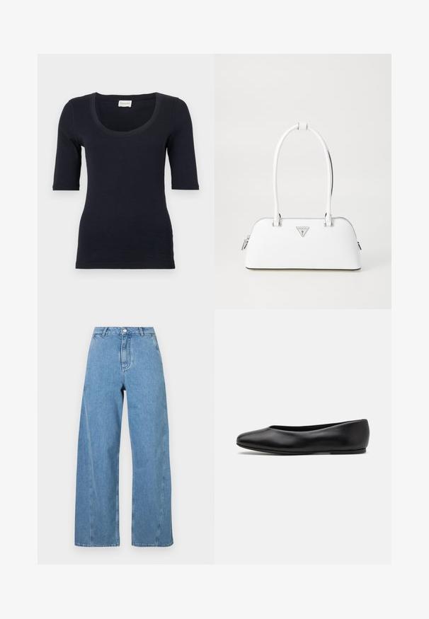 Casaco azul-marinho de duas fileiras, feito de lã, com um colarinho largo, bolsos laterais e bordado dourado "Fideli" no lapel.; T-shirt ajustado azul marinho, com decote em forma de U e mangas de três quartos. Feito de um tecido suave e elástico para conforto.; Jeans de perna larga azul claro feitos de denim, com cintura alta, corte reto e costura contrastante ao longo das costuras.; Paul Smith TOPANGA - Sabrinas - black; Bolsa de pele branca com um formato curvado, apresentando um logótipo triangular em prata e fecho de correr. Textura suave e alças duplas.