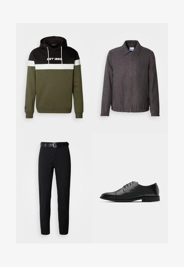 Lindbergh TEXTURED ZIP THROUGHT JACKET - Veste légère - charcoal; Sweat à capuche présentant des panneaux noir, blanc et vert olive, avec le texte "EST 1995" à l'avant et des accents de cordon de serrage. Tissu en mélange de coton.; Pantalon noir à coupe droite, avec une texture lisse et une ceinture en cuir noir avec une boucle en métal argenté. Design simple, sans motifs ni accents.; Chaussure habillée noire en cuir avec un bout rond, un laçage, des détails de couture subtils et un petit talon. Texture lisse avec une finition polie.