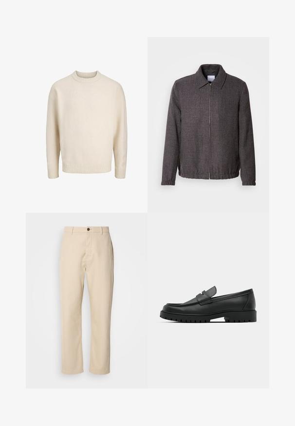 Lindbergh TEXTURED ZIP THROUGHT JACKET - Chaqueta fina - charcoal; Suéter de mezcla de algodón en crema con cuello redondo acanalado, hombros caídos y puños y dobladillo acanalados. Textura suave con un ajuste relajado.; Pantalones de algodón beige con piernas rectas, cierre de botón en la parte delantera, bolsillos laterales y una textura suave. Diseño minimalista, sin patrones visibles.; Mocasines de cuero negro con punta redonda, que cuentan con un diseño cosido, suela de plataforma baja y una suela de goma texturada y con tacos.