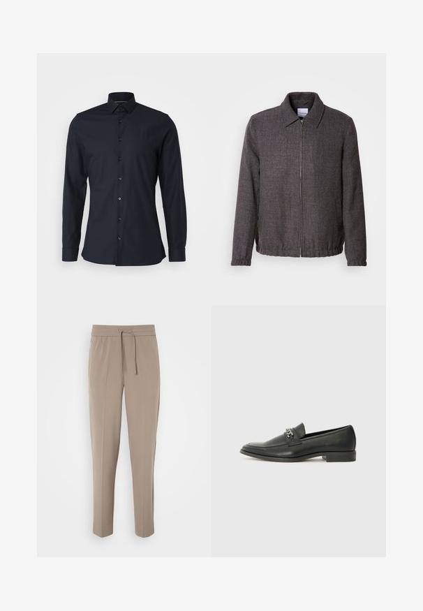 Lindbergh TEXTURED ZIP THROUGHT JACKET - Leichte Jacke - charcoal; Dunkelblaues Hemd mit Knopfverschluss, klassischem Kragen, langen Ärmeln und glattem Baumwollstoff. Verfügt über passende Knöpfe entlang der Vorderseite.; Helle beigefarbene Hose mit elastischem Bund, verstellbarem Kordelzug und schmal zulaufenden Beinen. Der Stoff wirkt glatt mit einem leichten Glanz.; Schwarzer Lederloafer mit glatter Oberfläche, ausgestattet mit einer gesteppten Gestaltung und einem dekorativen Metallkettendetail über dem Vorderblatt. Flacher Absatz.