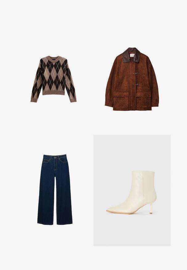 Veste en daim marron avec un col en cuir marron, dotée de fermetures à bascule et de deux grandes poches avant. Texture lisse et design oversize.; New Look ARGYLE CREW NECK MIDWEIGHT - Pullover - brown pattern; Jean large bleu foncé en denim, avec une taille haute, des coutures contrastées, des poches avant et une fermeture à bouton et zip.; Botte de cheville crème à bout pointu et talon moyen élancé, texture lisse, présentée de l'extérieur sur fond blanc.