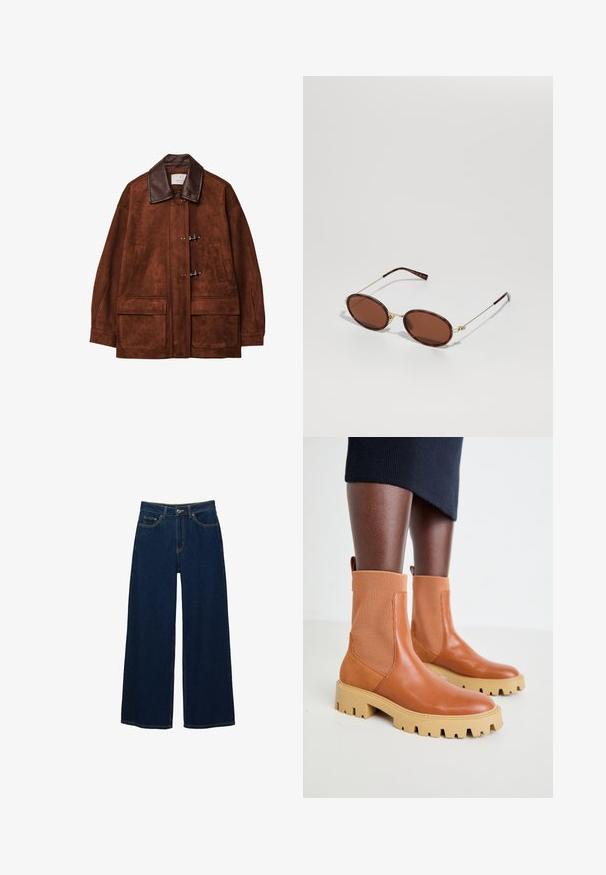 Hnědá nubuková bunda s hnědým koženým límcem, vybavená uzávěry na knoflíky a dvěma velkými předními kapsami. Hladká textura a volný střih.; Kratší rukáv, tmavě burgundská polo košile vyrobená z texturované látky, s V výstřihem, třemi knoflíky a pevným límcem.; Široké tmavě modré džíny vyrobené z denimu, s vysokým pasem, kontrastním prošíváním, předními kapsami a zapínáním na knoflík a zip.; Hnědé kožené kotníkové boty s žebrovanými elastickými panely, masivní béžovou podrážkou a detailem na uchopení; moderní design s texturovaným povrchem.; Hnědé oválné sluneční brýle se zlatým kovovým rámem, tenkými stranami a čočkami s hnědým tónováním. Detail loga na straně. Celkově hladká textura.
