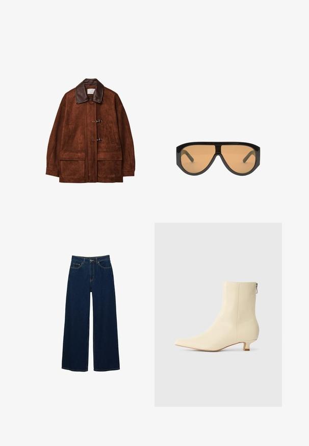 Brun mockaskjort med en brun läderkrage, utrustad med toggelknäppningar och två stora framfickor. Slät textur och överdimensionerad design.; Kortärmad pikétröja i djupt vinröd färg, tillverkad av strukturerad textil, med V-hals, tre knappar och en uppbyggd krage.; Breda byxor i mörkblå denim med hög midja, kontrastsömmar, framfickor och en knapp- och dragkedjestängning.; Spetsig tå ankelboot i krämfärgat läder med en slät yta, med en liten blockhäl och en sidodragkedja för stängning.; Svart överdimensionerade solglasögon med bruna linser, med breda, vinklade glasögonbågar och raka armar. Slät, glänsande yta, minimal hårdvara.