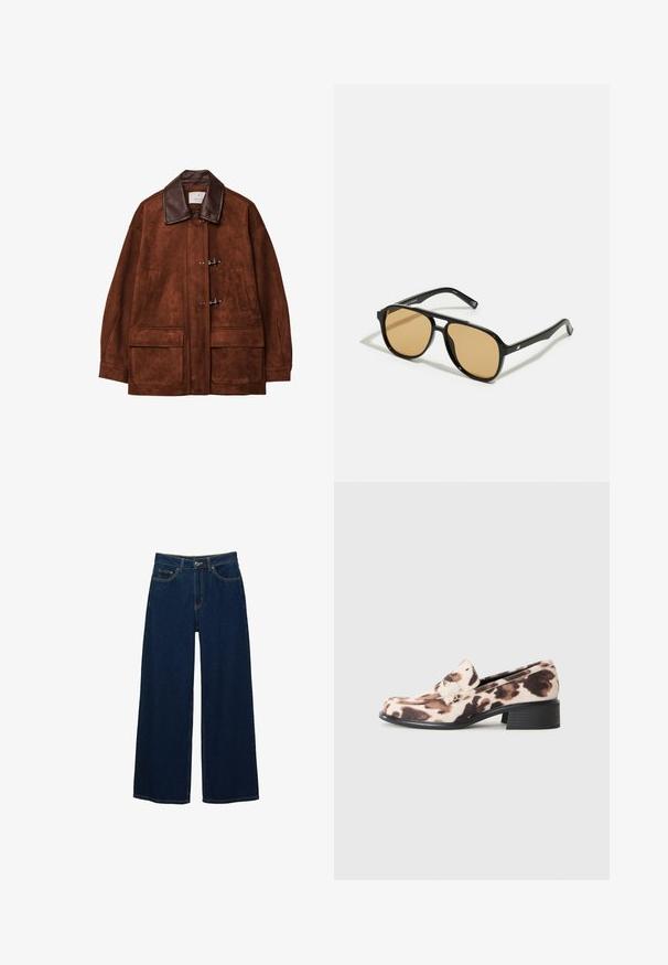 Brun ruskindjakke med brun læderkrave, med toggles og to store forlommer. Glat tekstur og oversized design.; Kortærmet, dyb burgunder polo skjorte lavet af tekstureret stof, med V-hals, tre knapper og en konstrueret krave.; Bredde ben mørkeblå jeans lavet af denim, med høj talje, kontrastsyninger, forlommer og en knap-lynlås lukning.; Lavhælede loafers med sort stablet hæl, beige og brun dyreprint stofoverdel samt dekorativ rem over forfoden.; Sorte solbriller med brune tonede linser; rektangulær form med en tyk ramme, herunder diskrete hardwaredetaljer på stængerne.