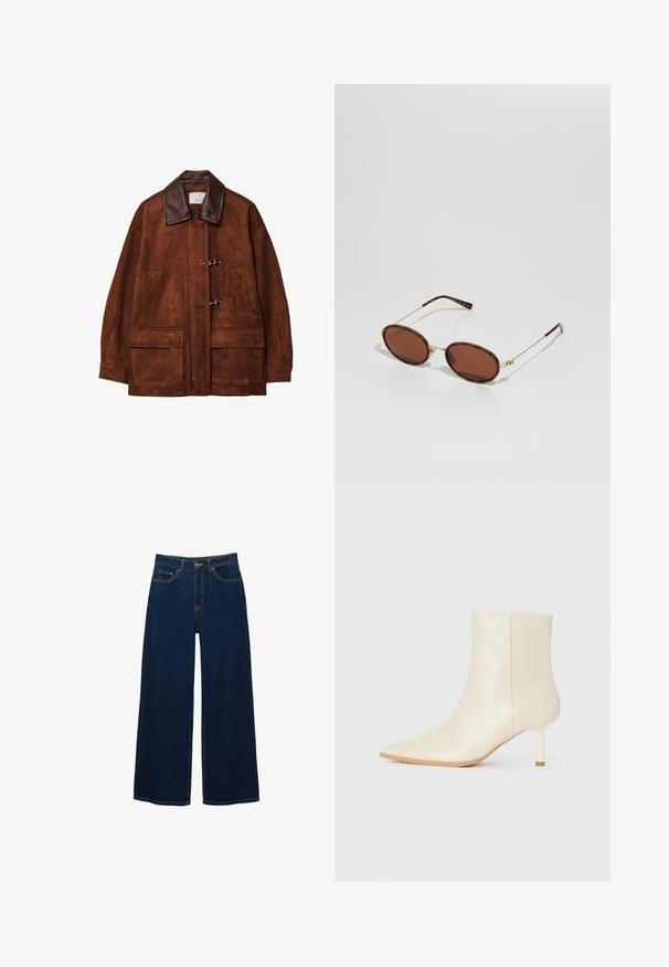 Hnědá nubuková bunda s hnědým koženým límcem, vybavená uzávěry na knoflíky a dvěma velkými předními kapsami. Hladká textura a volný střih.; Kratší rukáv, tmavě burgundská polo košile vyrobená z texturované látky, s V výstřihem, třemi knoflíky a pevným límcem.; Široké tmavě modré džíny vyrobené z denimu, s vysokým pasem, kontrastním prošíváním, předními kapsami a zapínáním na knoflík a zip.; Krémová kotníková bota s špičatou špičkou a štíhlým středně vysokým podpatkem, hladká textura, zobrazená z vnější strany na bílém pozadí.; Hnědé oválné sluneční brýle se zlatým kovovým rámem, tenkými stranami a čočkami s hnědým tónováním. Detail loga na straně. Celkově hladká textura.
