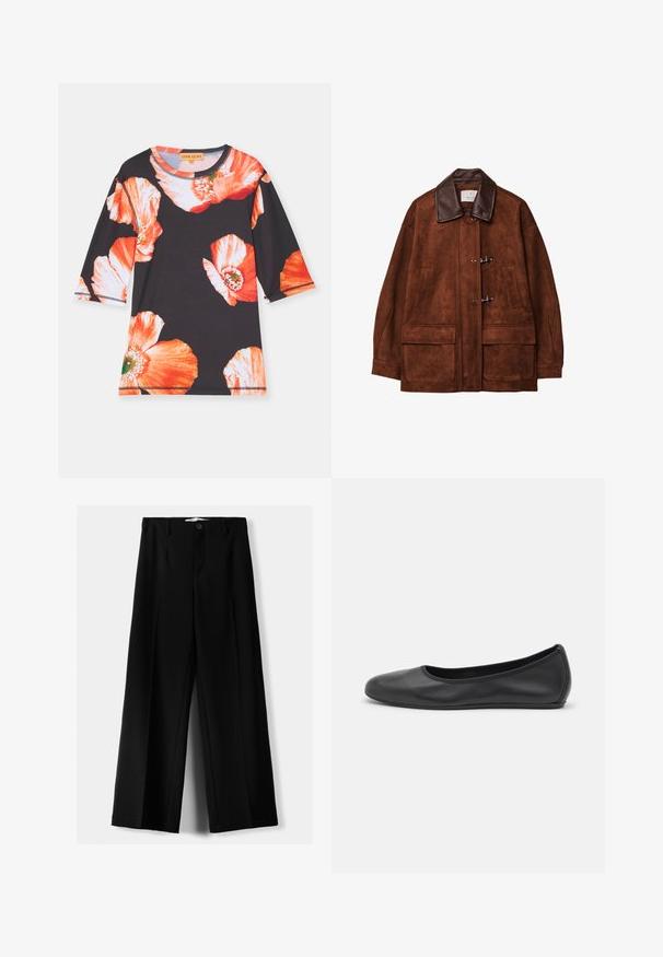 Rjava nubuk jakna z rjavim usnjenim ovratnikom, ki ima toggleske in dva velika sprednja žepa. Gladka tekstura in oversized dizajn.; Črna majica s tričetrtinskimi rokavi, ki ima velike rdeče in oranžne cvetlične vzorce. Mehka tkanina z okroglo ovratnico in kontrastnim robom.; Črne široke hlače iz lahkega materiala, z zapiranjem na gumb spredaj in ravnim sprednjim delom, s skrbno zašiti robovi.; Črne usnjene balerinke z zaobljenim nosom, gladko teksturo, minimalnimi šivi in fleksibilno zasnovo podplata.