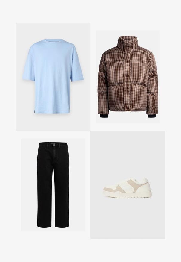 Puffa jaka brūnos un krēmkrāsas toņos ar augstu apkakli, priekšējām kabatām un elastīgām aprocēm ciešai piegulšanai.; Adīts džemperis bēšā krāsā ar teksturētām zīmējumiem. Tam ir apaļa kakla izgriezums, ribotas piedurknes un dažādas kabelīšu adījumu dizaina formas priekšpusē.; Gaišzila īsām piedurknēm t-krekls, izgatavots no mīkstas kokvilnas. Ar apaļu kakla izgriezumu un brīvu piegriezumu. Nav redzamu rakstu vai akcentu.; Melni denim šorti ar taisnu kāju griezumu, klasiska piecu kabatu dizaina un pogas aizdari viduklī. Gluda tekstūra un izturīgs audums.; Baltas un bežs kedas ar gludu un zamšveida tekstūru apvienojumu, apaļu purngali, saiteņu aizdari un platu gumijas zoli.