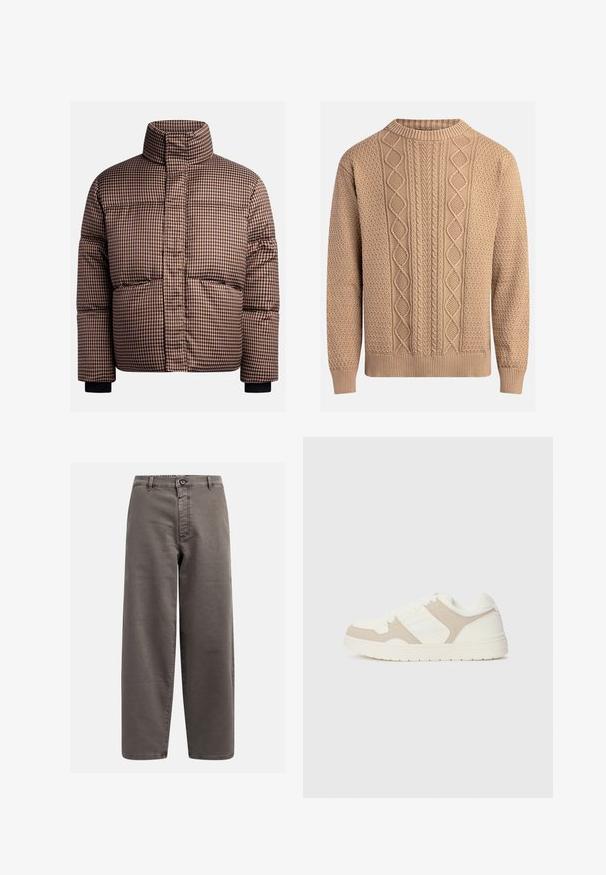 Patikrinta pūkinė striukė rudos ir kreminės spalvos atspalvių, turinti aukštą apykaklę, priekinės kišenes ir elastingas rankoves, užtikrinančias tvirtą prigludimą.; Bežinė megzta palaidinė su tekstūruotais raštais. Yra apvalus iškirpimas, smulkiai raizgotos rankovės ir įvairūs kabeliniai raštai priekyje.; Pilkos plačios kojų kelnės iš medvilnės mišinio; su sagų uždarymu, diržo kilpomis ir priekinėmis kišenėmis; lygus, patvarus audinys.; Baltos ir smėlio spalvos sportbačiai, turintys sklandžių ir zomšinių tekstūrų derinį, apvalūs pirštai, su raištelių užsegimu ir plokščiu guminio pado dizainu.