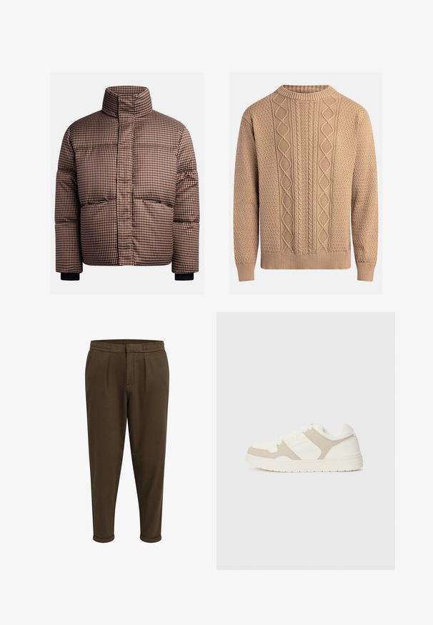 Checked puffer jacket in shades of brown and cream, featuring a high collar, front pockets, and elastic cuffs for a snug fit.; Knit sweater in beige with textured patterns. Features a crew neck, ribbed cuffs, and varied cable knit designs across the front.; Redefined Rebel JOHNNY CROPPED SLIM FIT - Trousers - tarmac; White and beige sneaker featuring a combination of smooth and suede textures, round toe, lace-up closure, and a flat rubber sole.