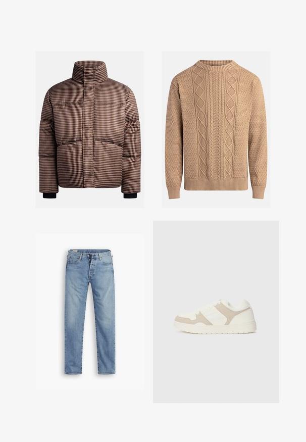 Giubbotto imbottito a quadri in tonalità di marrone e crema, con colletto alto, tasche frontali e polsini elasticizzati per una vestibilità aderente.; Maglione a maglia color beige con motivi testurizzati. Presenta un colletto rotondo, polsini a costine e diverse trame a trecce sul davanti.; Jeans in denim blu chiaro con taglio dritto. Presentano un'apertura con bottoni, cinque tasche e una texture leggermente sbiadita.; Sneaker bianca e beige caratterizzata da una combinazione di texture liscia e scamosciata, punta rotonda, chiusura con lacci e suola in gomma piatta.