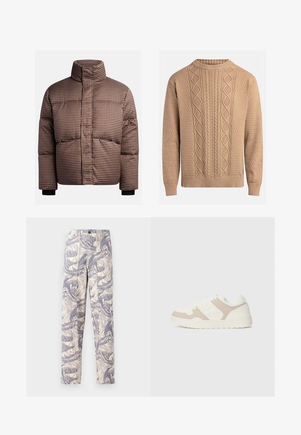 Gecontroleerde pufferjack in bruin- en crèmekleuren, met een hoge kraag, voorzakken en elastische manchetten voor een nauwe pasvorm.; Brede trui in beige met textuurpatronen. Heeft een ronde hals, ribgebreide manchetten en verschillende kabelbrei-ontwerpen over de voorkant.; Lichtgewicht, crème kleurige broek met een blauw abstract golvenpatroon. Ze hebben een rechte pasvorm, met twee voorplooien en een knoopsluiting.; Witte en beige sneaker met een combinatie van gladde en suède texturen, ronde neus, vetersluiting en een platte rubberen zool.