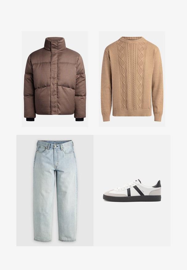 Gecontroleerde pufferjack in bruin- en crèmekleuren, met een hoge kraag, voorzakken en elastische manchetten voor een nauwe pasvorm.; Brede trui in beige met textuurpatronen. Heeft een ronde hals, ribgebreide manchetten en verschillende kabelbrei-ontwerpen over de voorkant.; Lichtblauwe denim jeans met een rechtBeen, vijf zakken en een knoopsluiting; heeft vervaagde gebieden en subtiele stikdetails.; Witte sneaker met zwarte en grijze accenten, voorzien van een grijze neus met textuur, zwarte rubberen zool en platte witte veters. Schoon ontwerp, minimalistische stijl.
